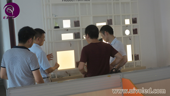宁波百立光电总经理杨建峰和研发部经理田钦文查看了解OLED光源
